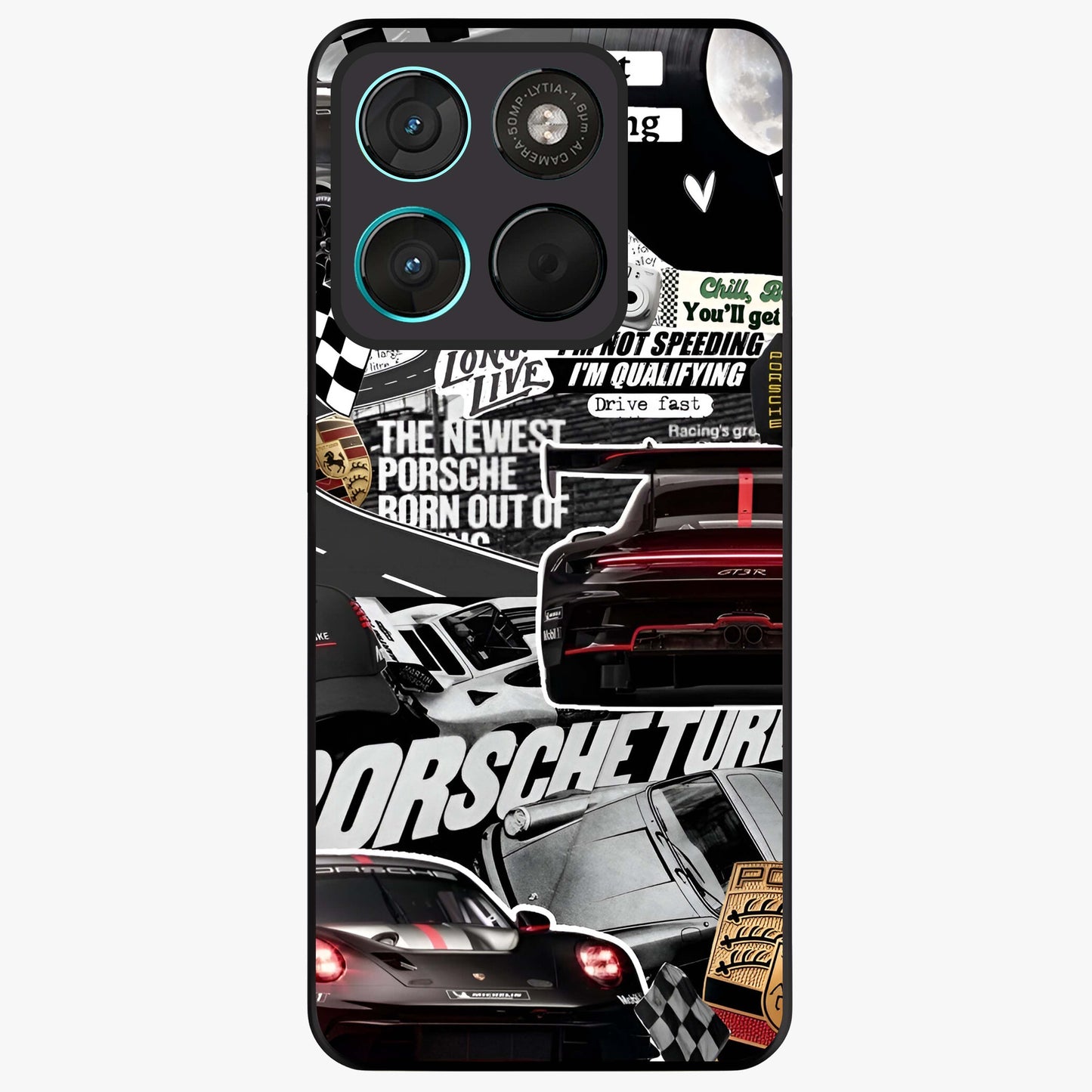 Porsche Racing Collage Glass Case showing flat back view with sports car racing collage artwork and glossy glass finish.