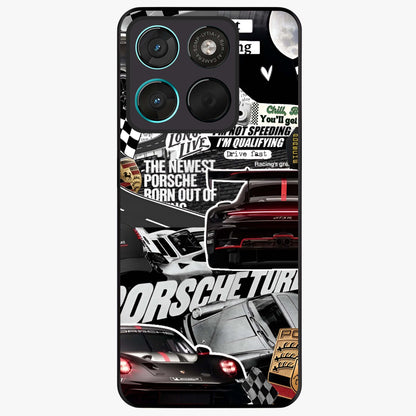 Porsche Racing Collage Glass Case showing flat back view with sports car racing collage artwork and glossy glass finish.