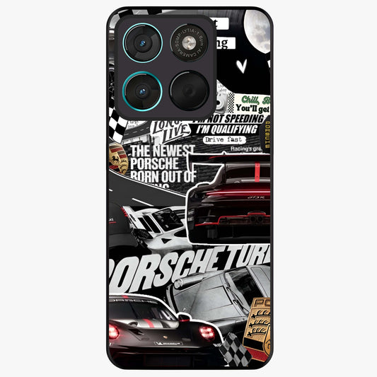Porsche Racing Collage Glass Case showing flat back view with sports car racing collage artwork and glossy glass finish.