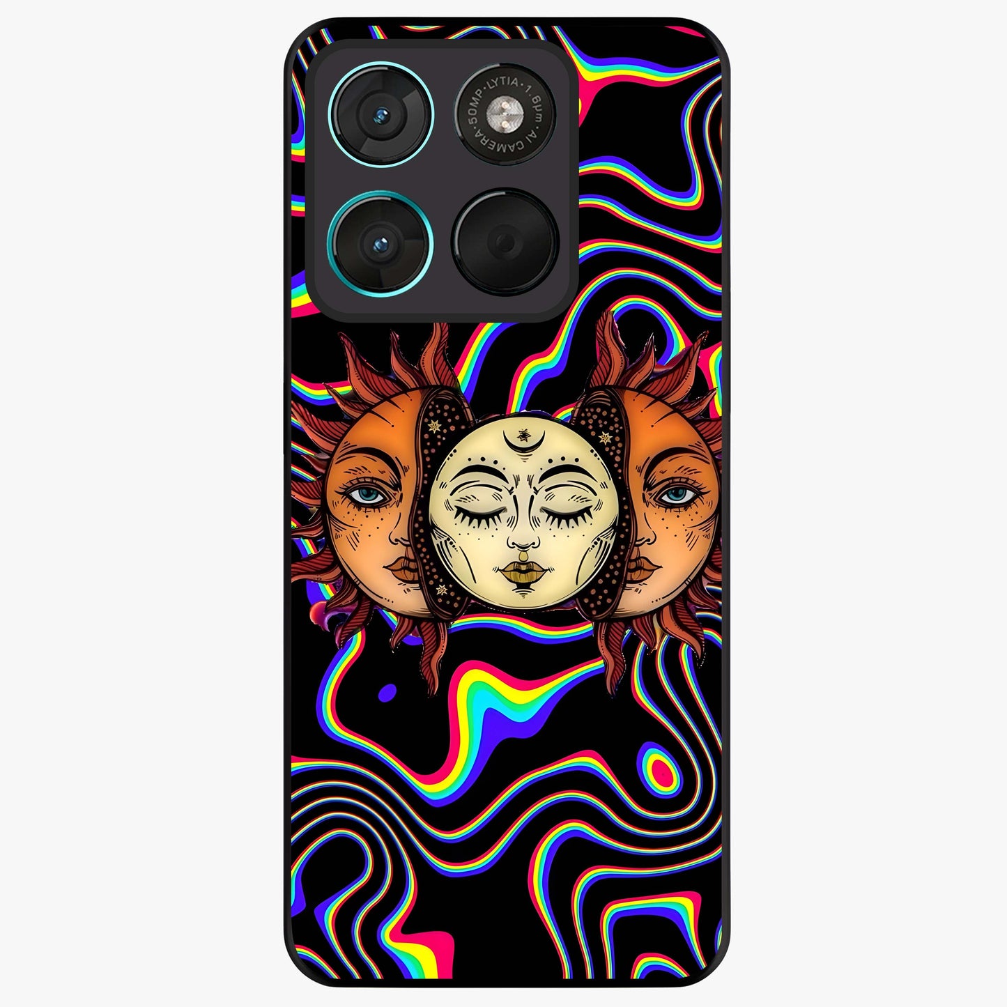 Psychedelic Sun Glass Case showing flat back view with colorful psychedelic sun artwork and glossy glass finish.