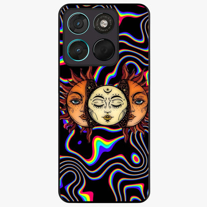 Psychedelic Sun Glass Case showing flat back view with colorful psychedelic sun artwork and glossy glass finish.