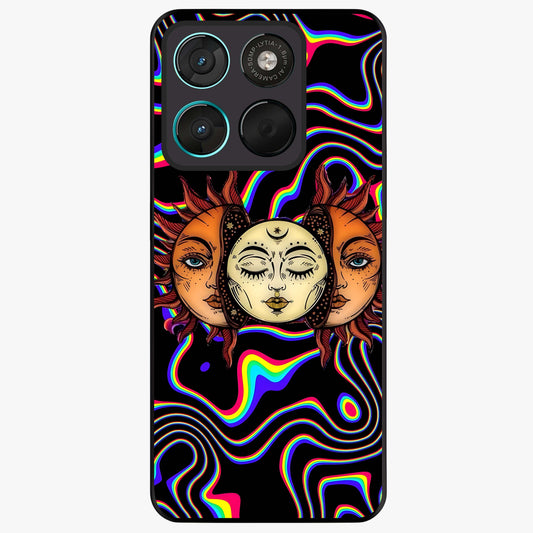 Psychedelic Sun Glass Case showing flat back view with colorful psychedelic sun artwork and glossy glass finish.