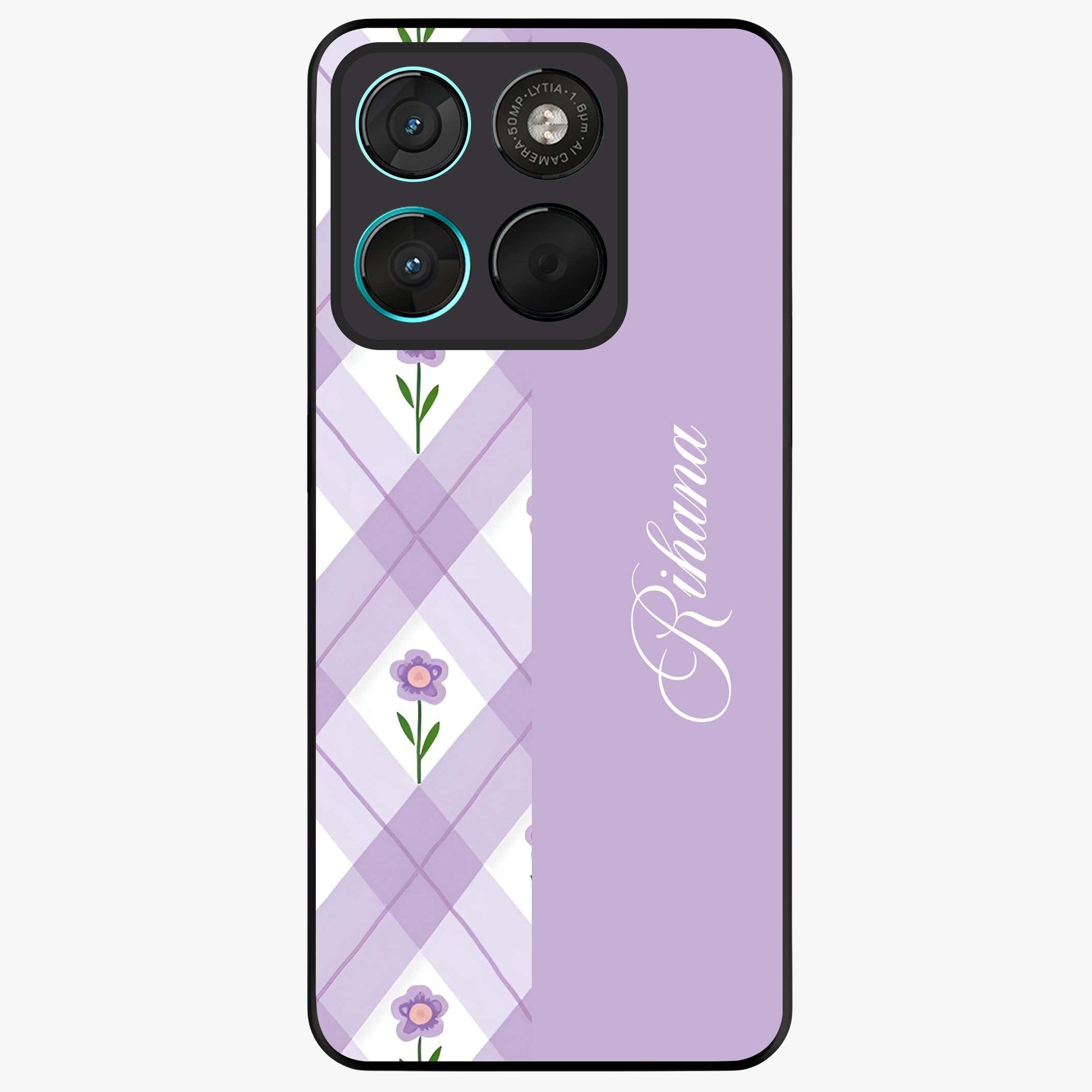 Purple Diamond Floral Glass Case showing flat back view with diamond shaped floral artwork and glossy glass finish.