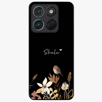 Quiet Garden Tune Custom Name Glass Case showing flat back view with peaceful garden artwork and personalized name design.