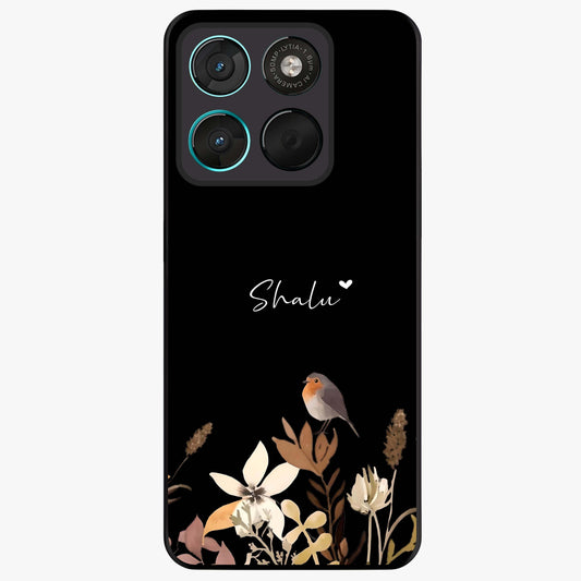 Quiet Garden Tune Custom Name Glass Case showing flat back view with peaceful garden artwork and personalized name design.