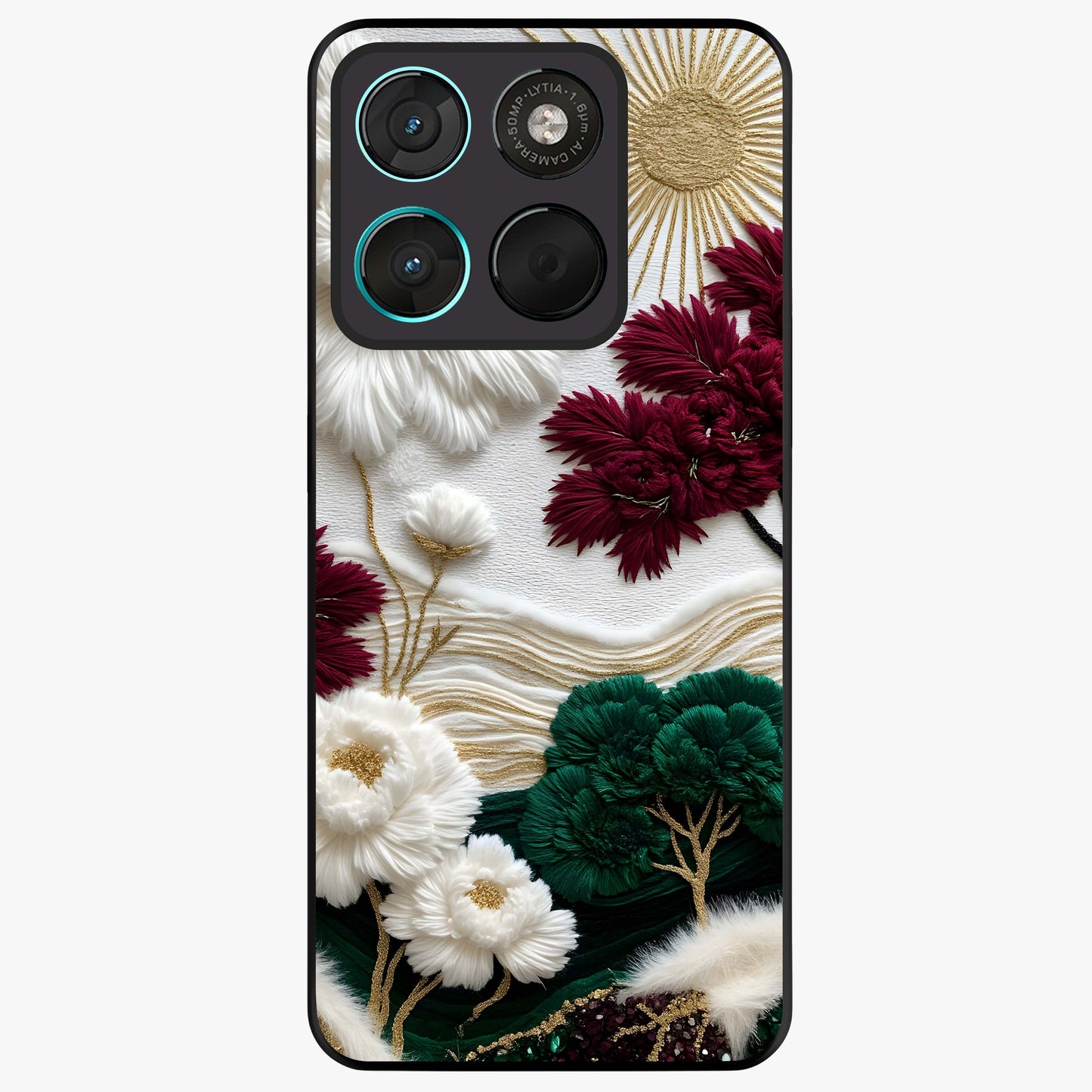 Radiant Bloom Elegance Glass Case showing flat back view with elegant blooming flower artwork and glossy glass finish.