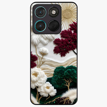 Radiant Bloom Elegance Glass Case showing flat back view with elegant blooming flower artwork and glossy glass finish.