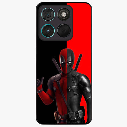Red & Black Deadpool Theme Glass Case showing flat back view with bold comic inspired artwork and glossy glass finish.