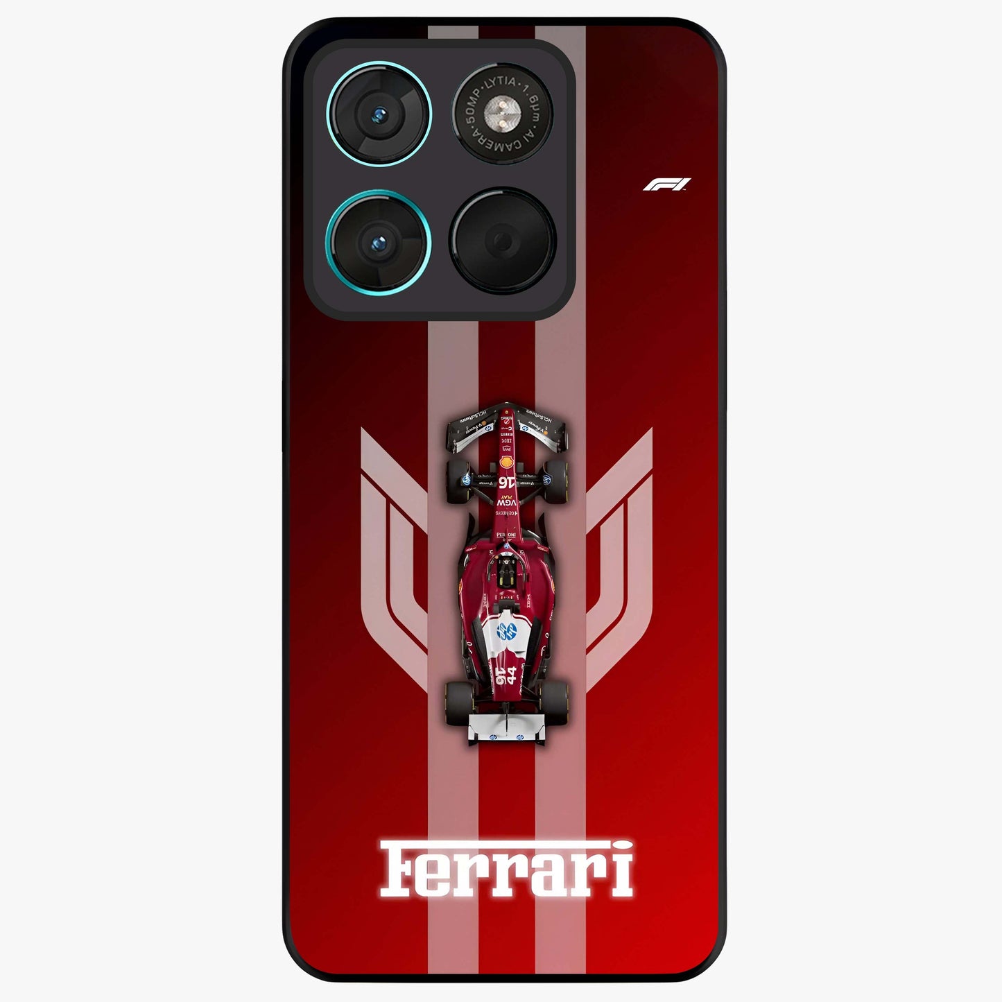 Red Ferrari F1 Vertical Glass Case showing flat back view with sleek Formula racing car artwork and glossy glass finish.