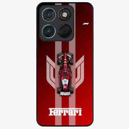 Red Ferrari F1 Vertical Glass Case showing flat back view with sleek Formula racing car artwork and glossy glass finish.