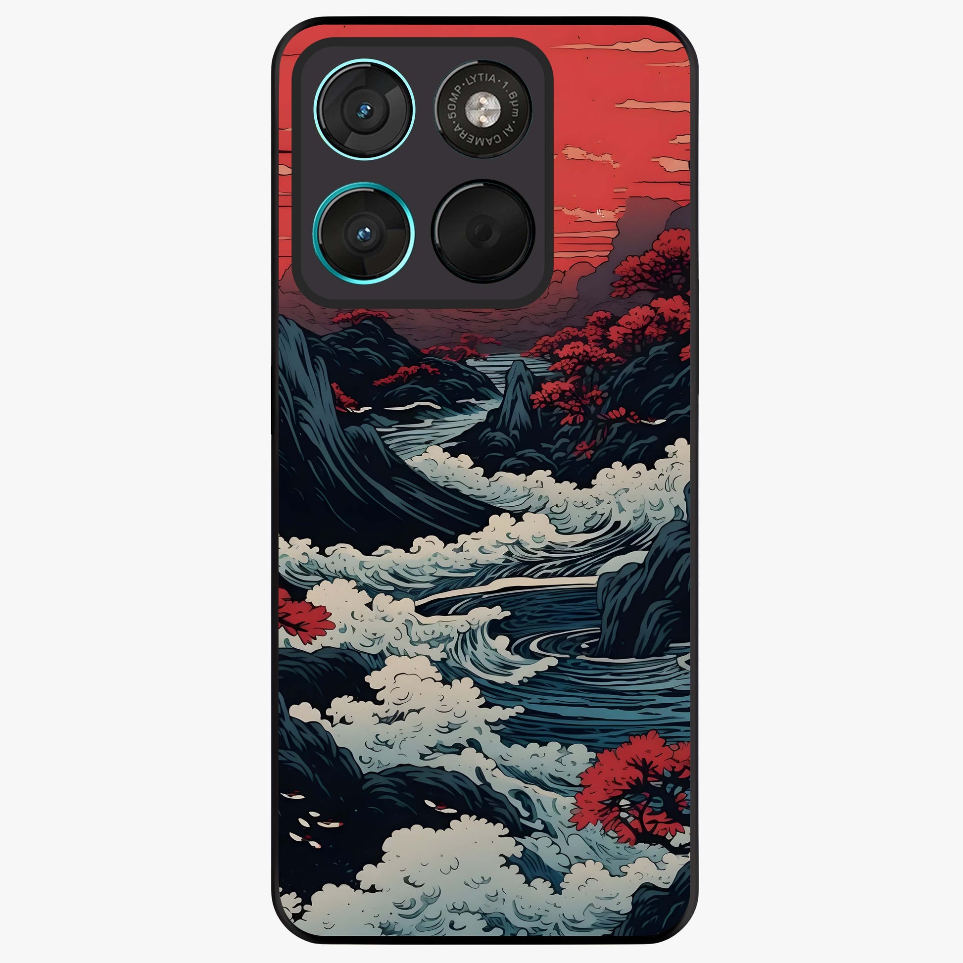 Red Sunset Scenery Glass Case showing flat back view with vibrant sunset landscape artwork and glossy glass finish.
