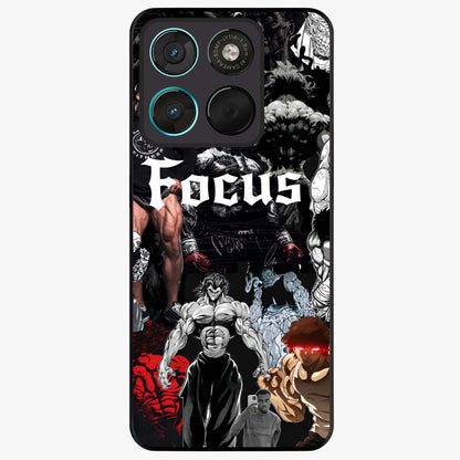Relentless Power Focus Glass Case showing flat back view with motivational typography artwork and glossy glass finish.