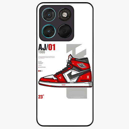 Retro Sneaker Blueprint Glass Case showing flat back view with sneaker blueprint style artwork and glossy glass finish.