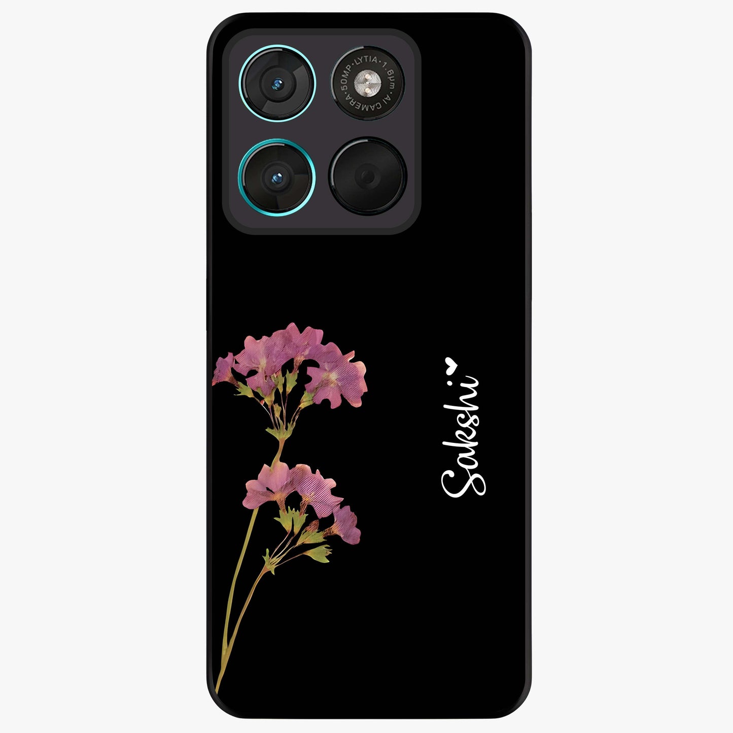 Riching Lavender Flower Custom Name Glass Case showing flat back view with lavender floral artwork and personalized name design.