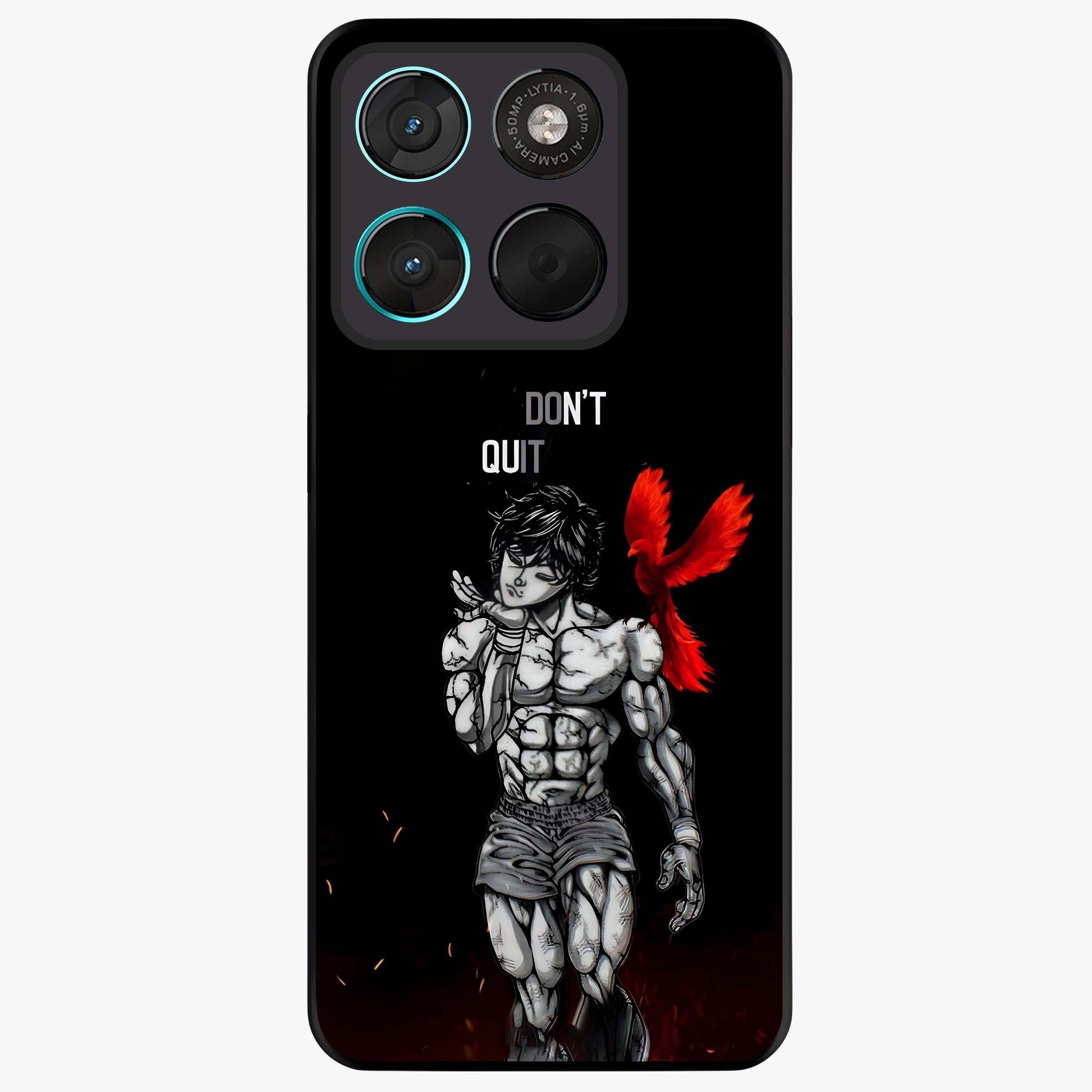 Rise Beyond Limits Glass Case showing flat back view with motivational typography artwork and glossy glass finish.