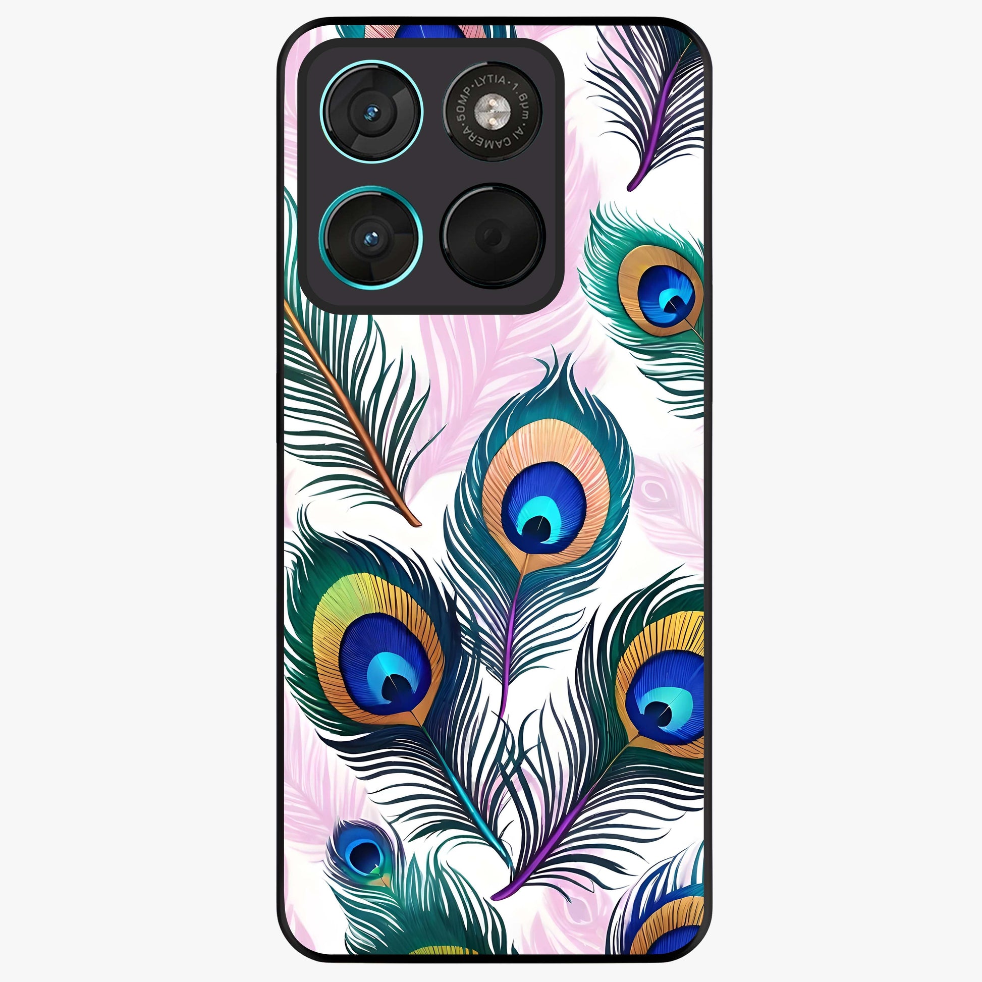 Royal Peacock Feathers Glass Case showing flat back view with colorful peacock feather artwork and glossy glass finish.