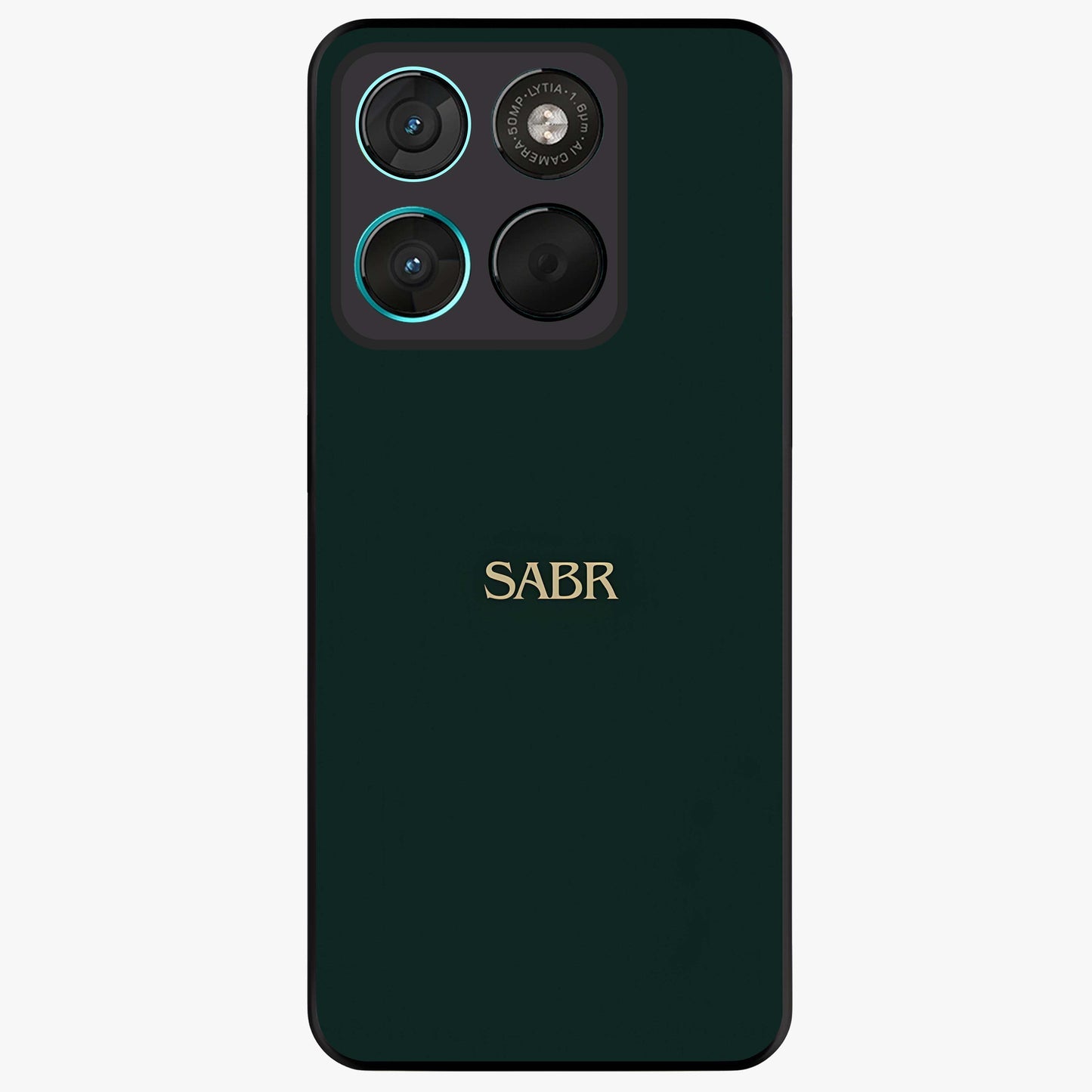 Sabr Minimal Patience Glass Case showing flat back view with minimalist typography artwork and glossy glass finish.