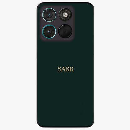 Sabr Minimal Patience Glass Case showing flat back view with minimalist typography artwork and glossy glass finish.