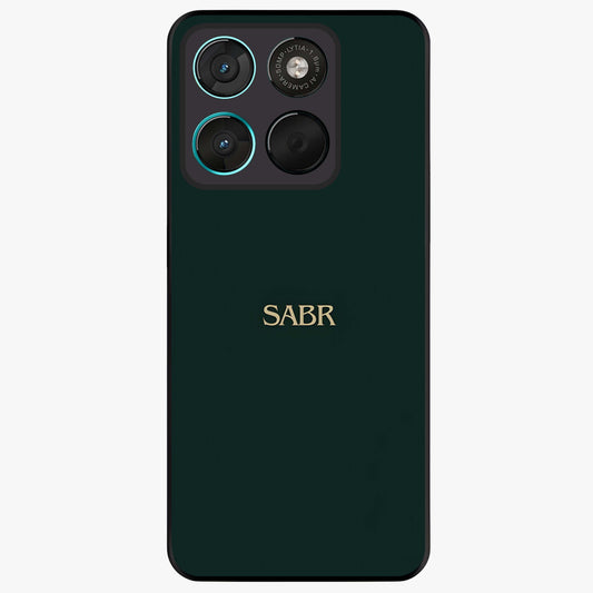 Sabr Minimal Patience Glass Case showing flat back view with minimalist typography artwork and glossy glass finish.