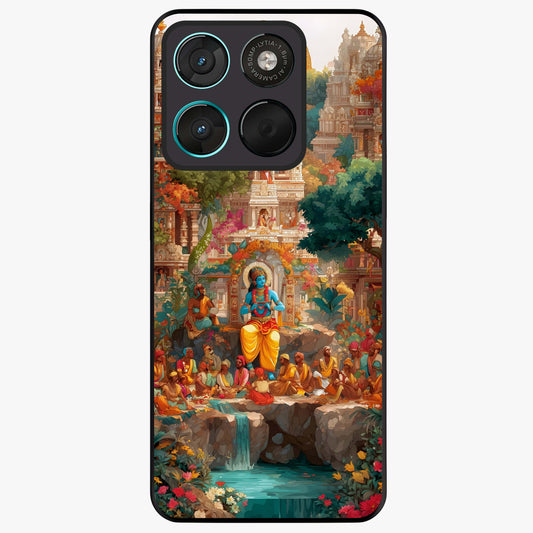 Sacred Sunlight Gods Glass Case showing flat back view with divine sunlight themed artwork and glossy glass finish.