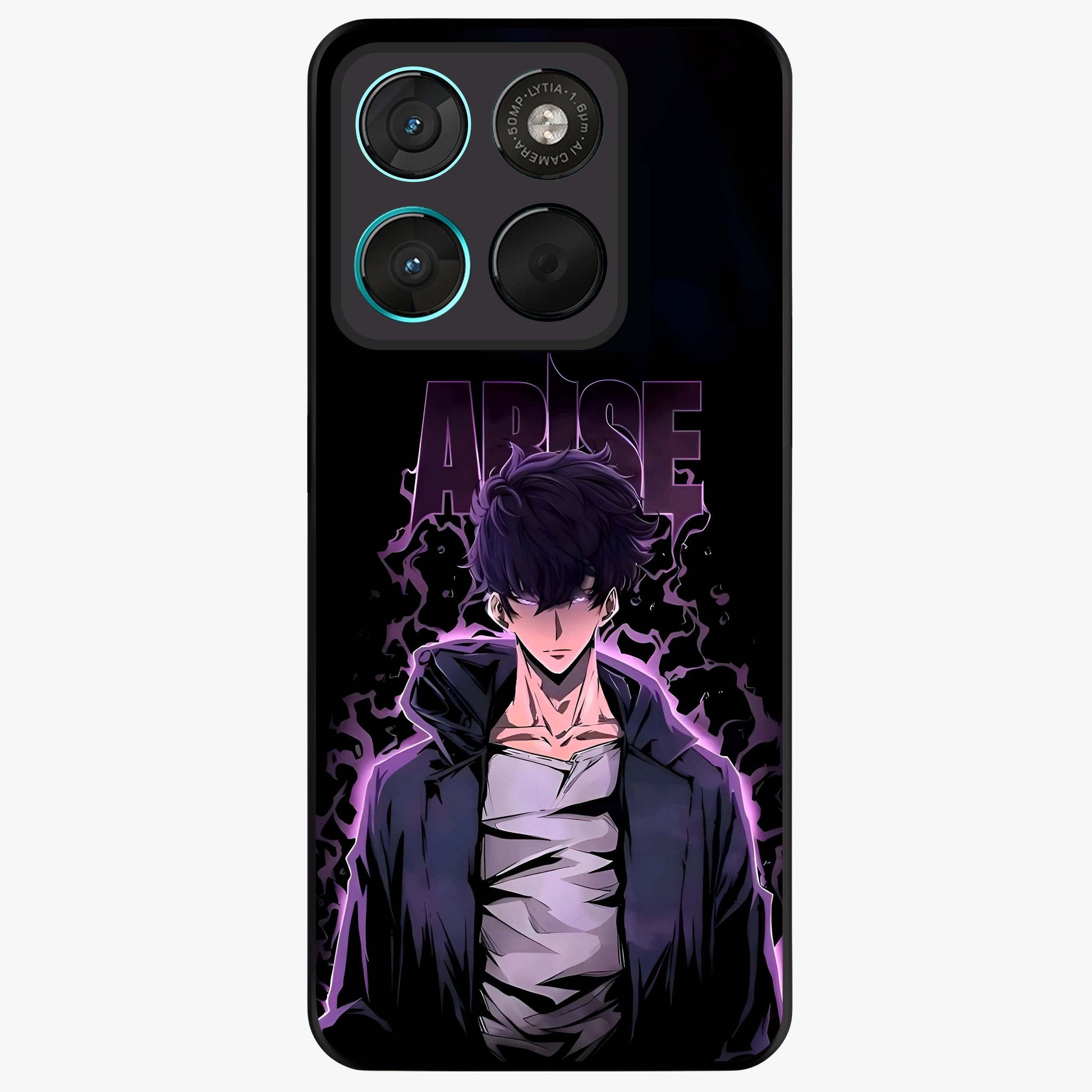 Shadow Monarch Awakening Glass Case showing flat back view with powerful dark monarch themed artwork and glossy glass finish.