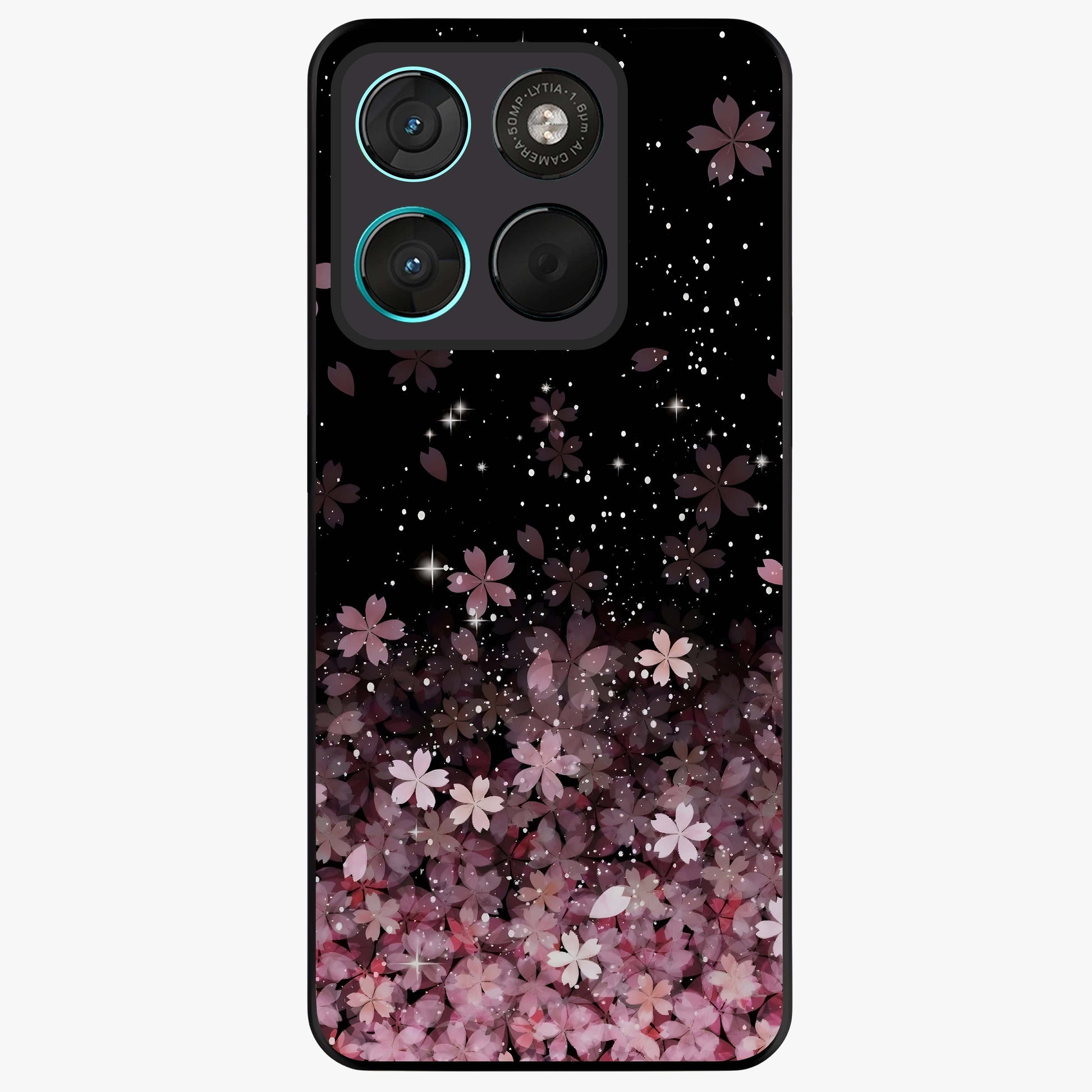 Small Starry Flowers Glass Case showing flat back view with delicate starry floral artwork and glossy glass finish.