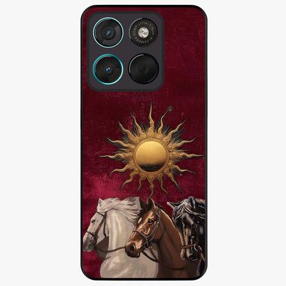 Solar Riders Glass Case showing flat back view with dynamic rider themed artwork and glossy glass finish.