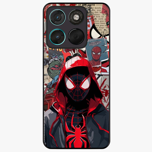 Spider Collage Street Glass Case showing flat back view with vibrant superhero collage artwork and glossy glass finish.