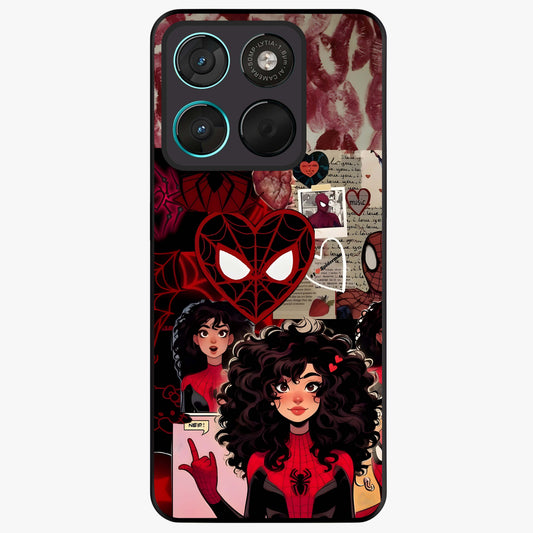 Spider Love Story Glass Case showing flat back view with romantic superhero themed artwork and glossy glass finish.