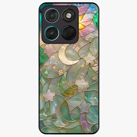 Stained Sunrise Glow Glass Case showing flat back view with glowing sunrise stained pattern artwork and glossy glass finish.