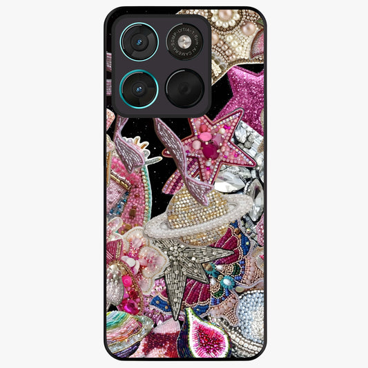 Starlit Jewel Dream Glass Case showing flat back view with sparkling jewel and star themed artwork and glossy glass finish.