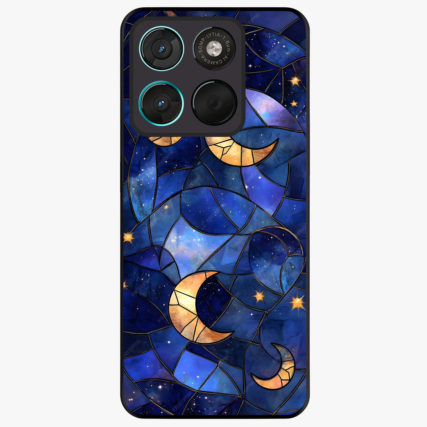 Starlit Sky Tapestry Glass Case showing flat back view with decorative starry sky tapestry artwork and glossy glass finish.
