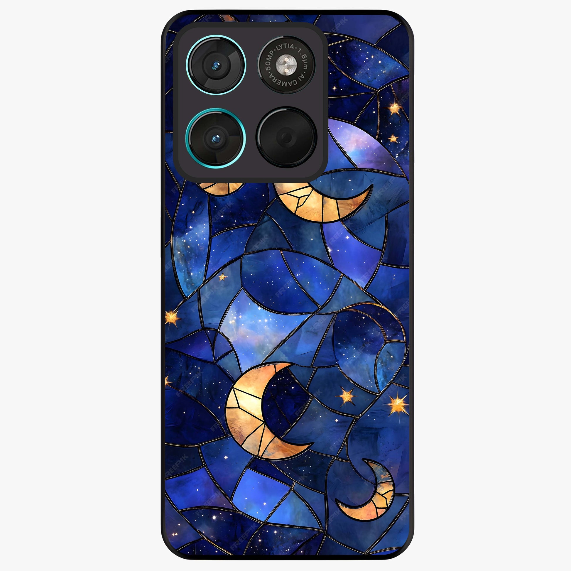 Starlit Sky Tapestry Glass Case showing flat back view with decorative starry sky tapestry artwork and glossy glass finish.