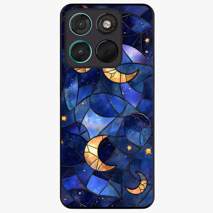 Starlit Sky Tapestry Glass Case showing flat back view with decorative starry sky tapestry artwork and glossy glass finish.