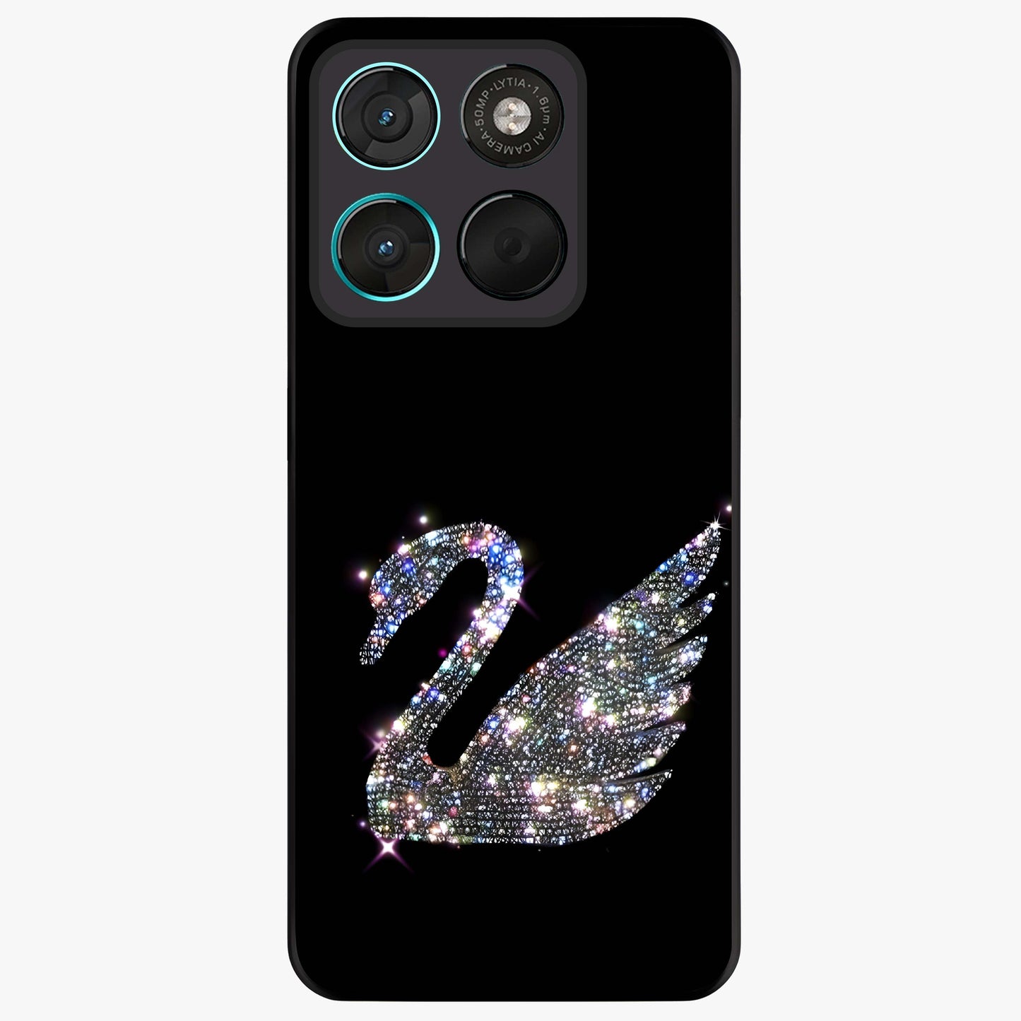 Starlit Swan Grace Glass Case showing flat back view with graceful swan artwork under starry sky and glossy glass finish.