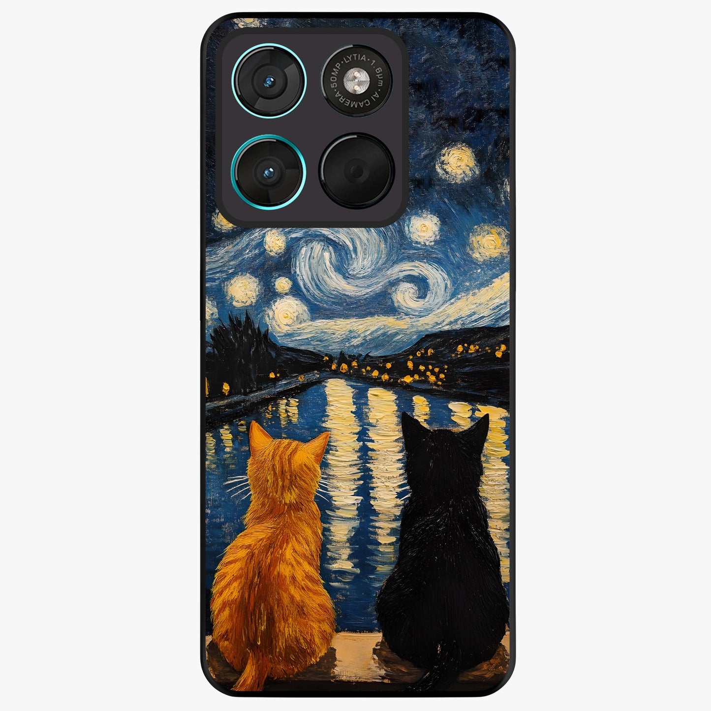 Starry River Cats Glass Case showing flat back view with cats by a starry river artwork and glossy glass finish.