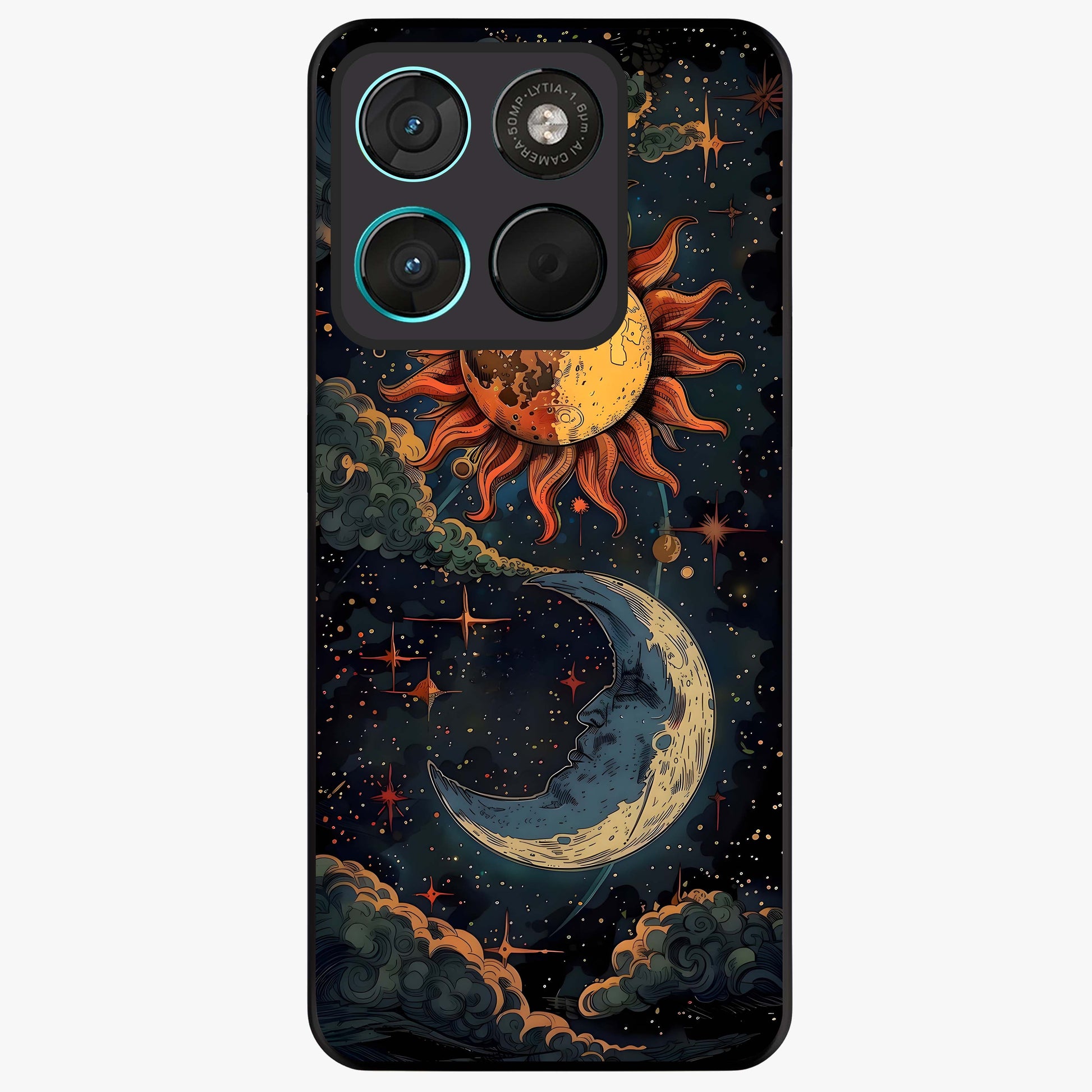 Sun And Moon Magic Design Glass Case showing flat back view with mystical sun and moon artwork and glossy glass finish.