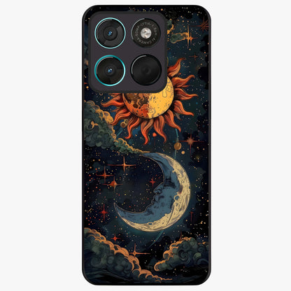 Sun And Moon Magic Design Glass Case showing flat back view with mystical sun and moon artwork and glossy glass finish.