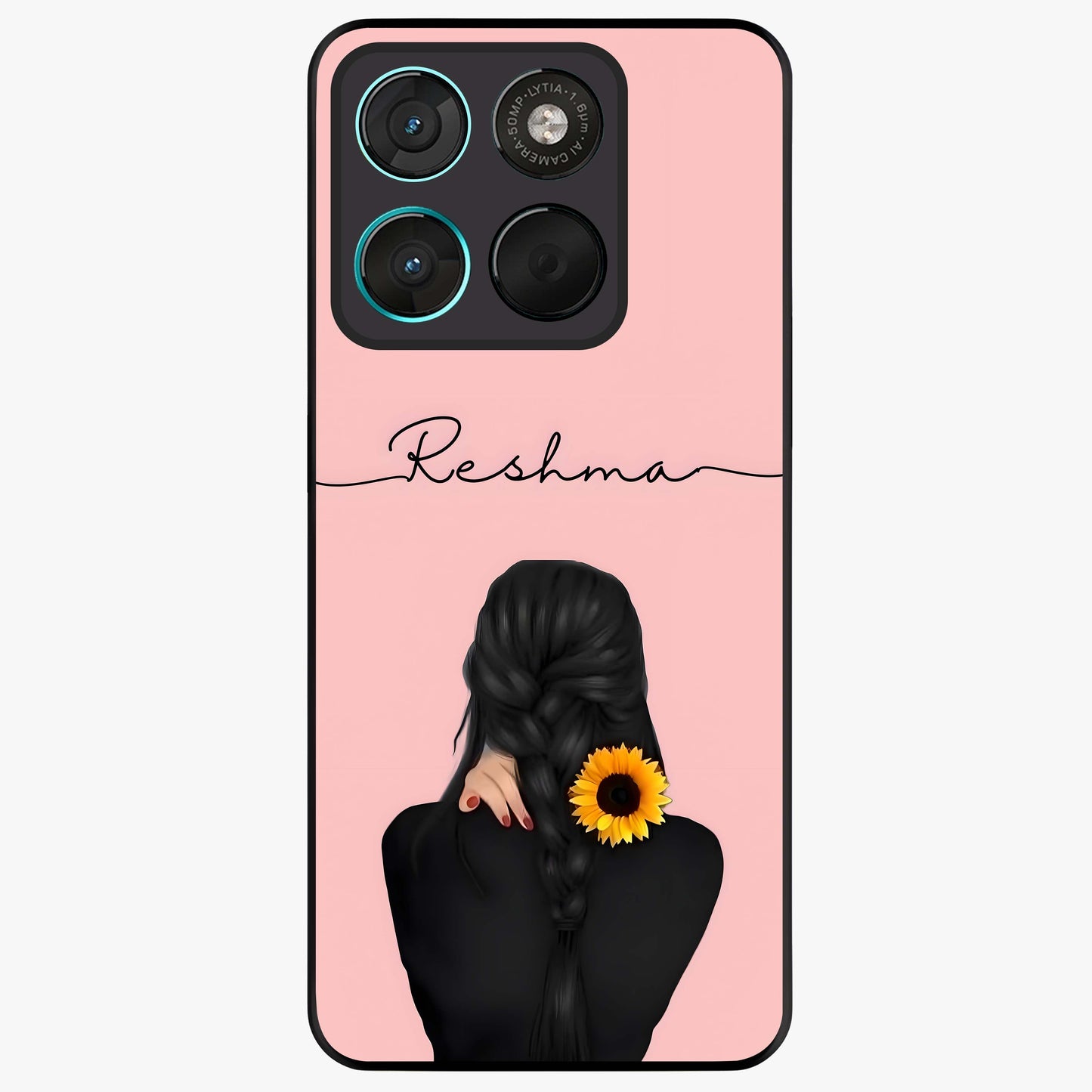 Sunflower Braid Beauty With Custom Name Glass Case showing flat back view with sunflower braid artwork and personalized name design.