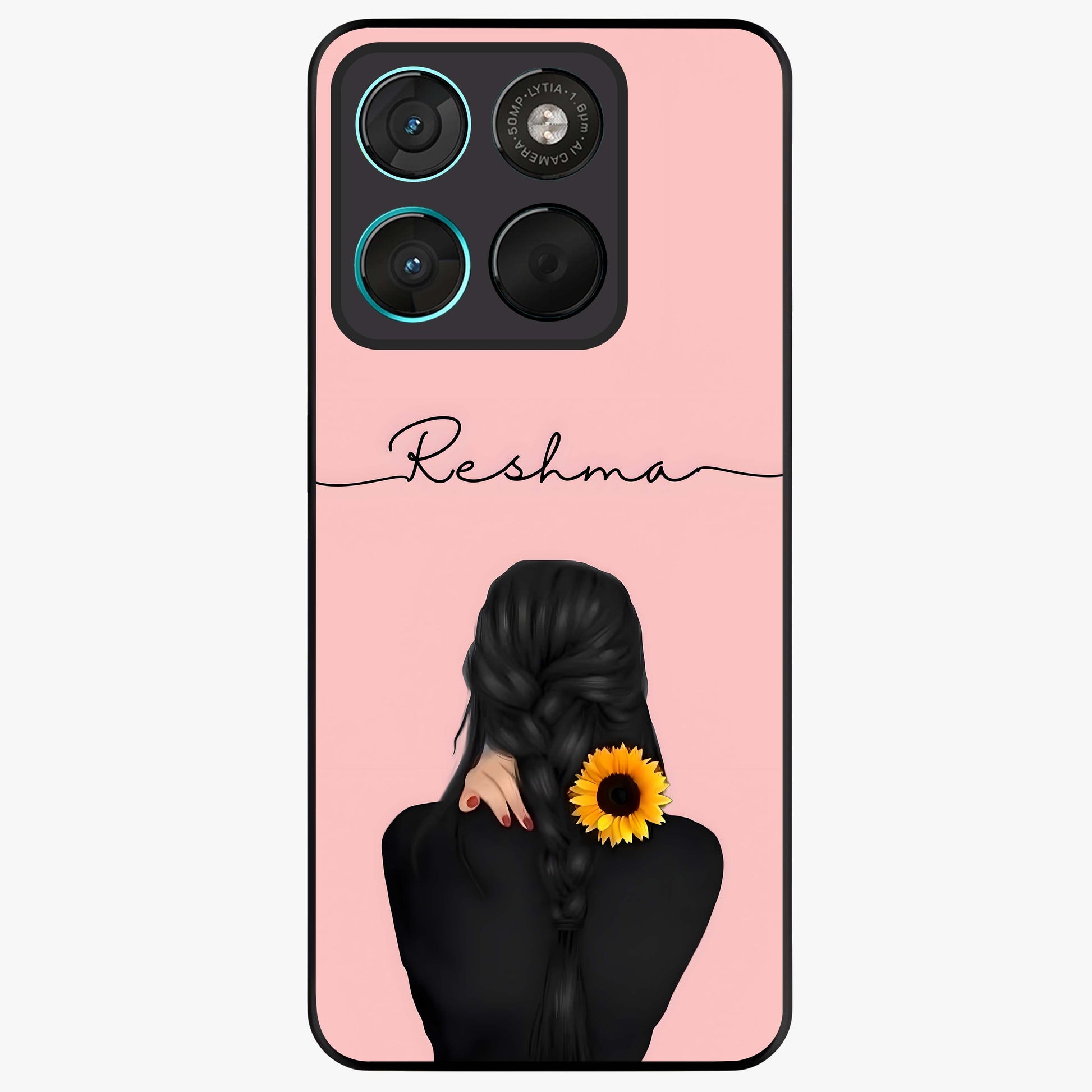 Sunflower Braid Beauty With Custom Name Glass Case showing flat back view with sunflower braid artwork and personalized name design.