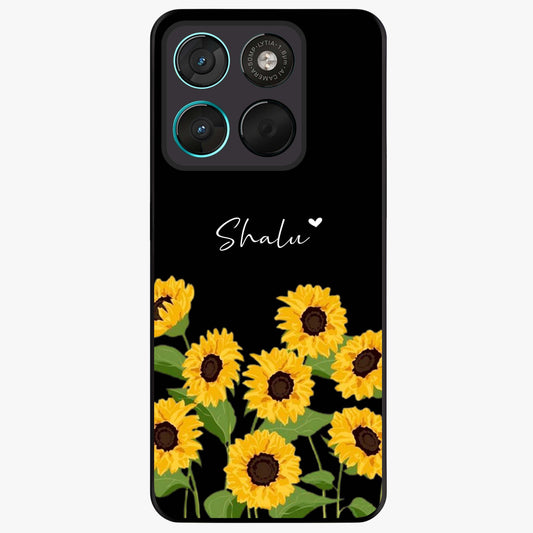 Sunflower Chic Mood Custom Name Glass Case showing flat back view with stylish sunflower artwork and personalized name design.