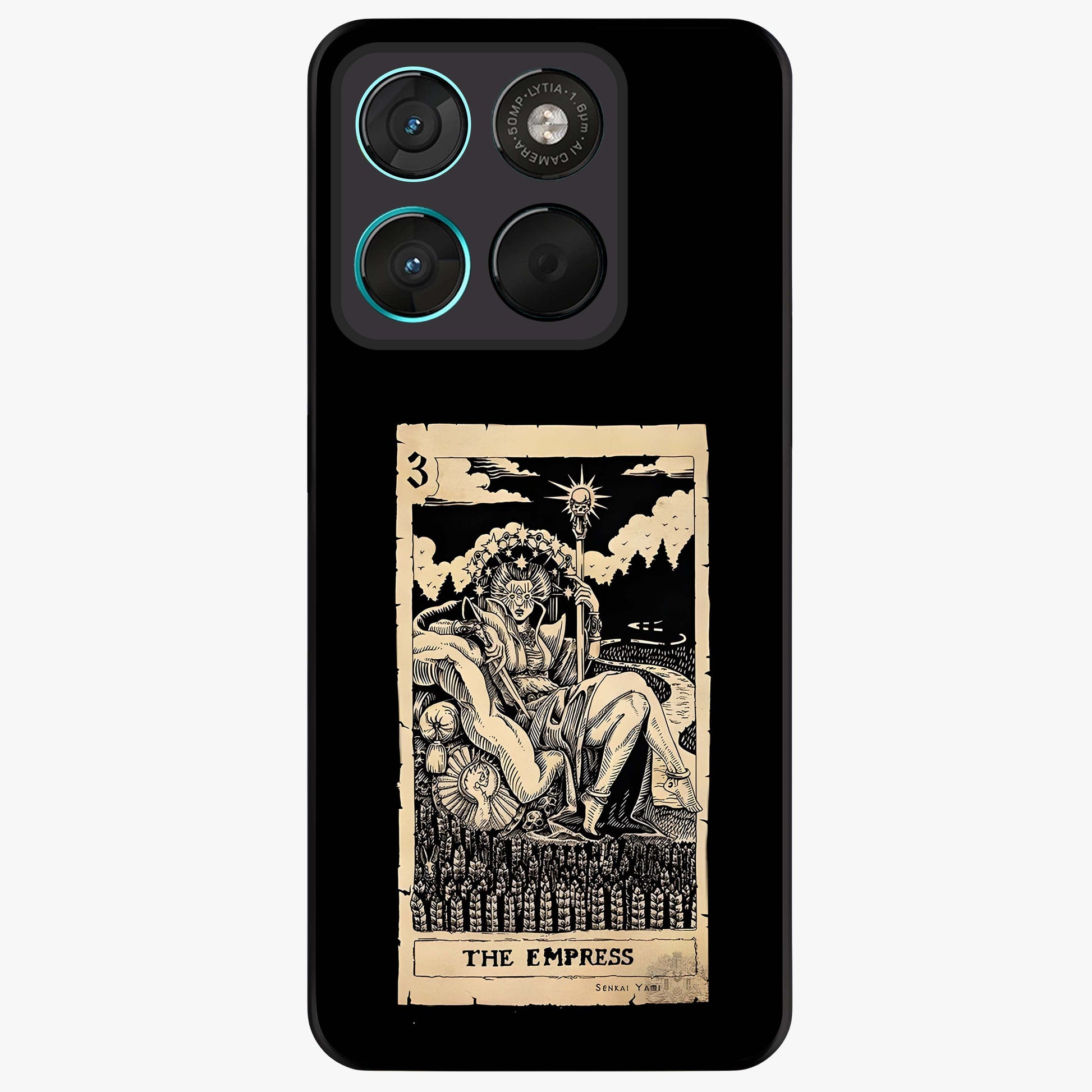 The Empress Glass Case showing flat back view with regal feminine artwork and glossy glass finish.