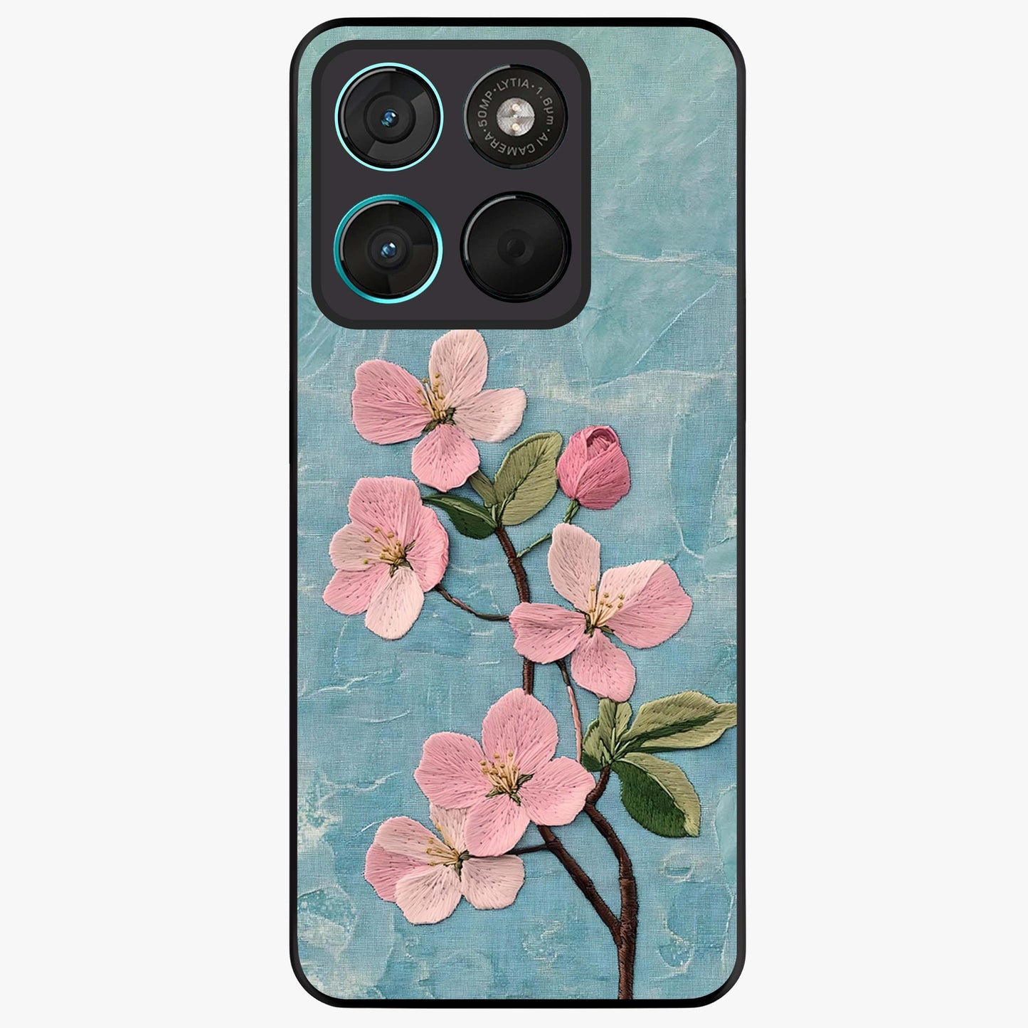 Threaded Blossom Breeze Glass Case showing flat back view with delicate blossom artwork and glossy glass finish.