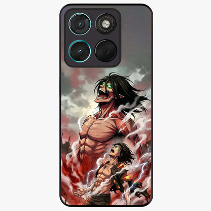 Titan Awakening Fury Glass Case showing flat back view with powerful titan inspired artwork and glossy glass finish.