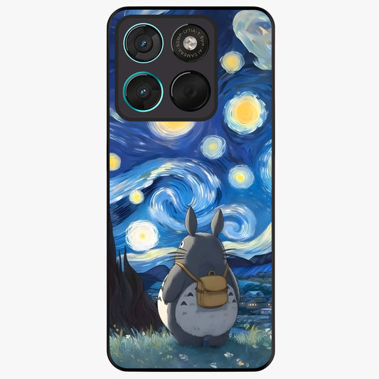 Totoro In Van Gogh Art Glass Case showing flat back view with whimsical character artwork inspired by Van Gogh style and glossy glass finish.