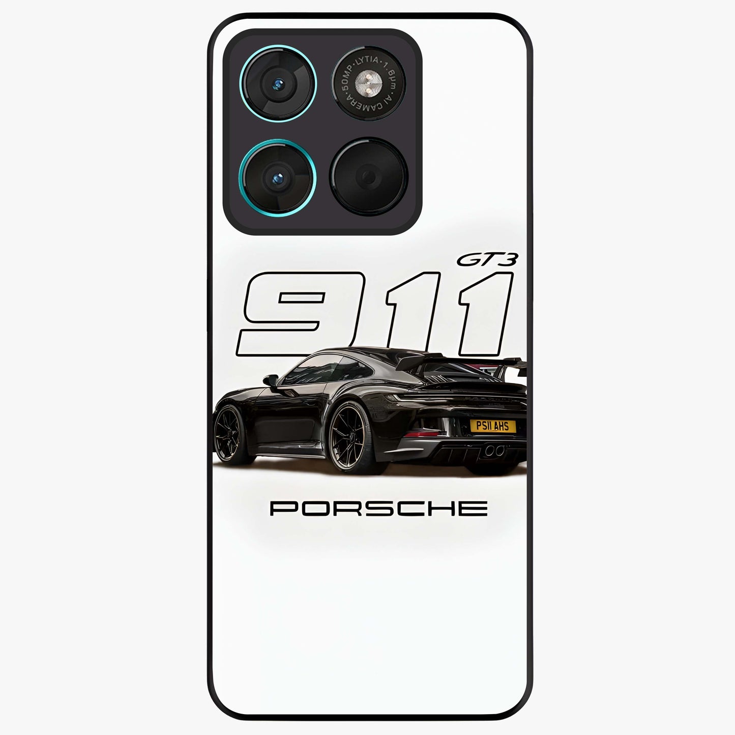 Turbo Legacy Icon Glass Case showing flat back view with iconic sports car inspired artwork and glossy glass finish.