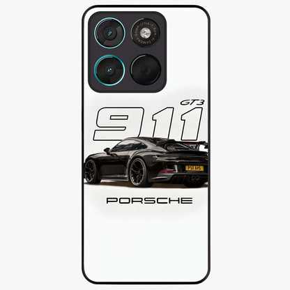 Turbo Legacy Icon Glass Case showing flat back view with iconic sports car inspired artwork and glossy glass finish.