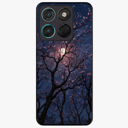 Twilight Sakura Serenade Glass Case showing flat back view with cherry blossom artwork at twilight and glossy glass finish.