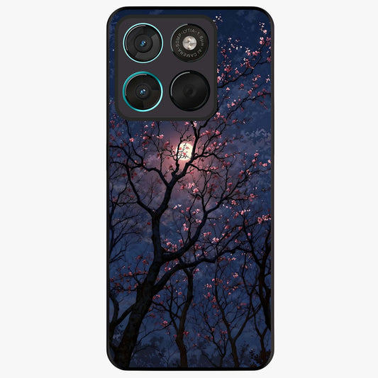 Twilight Sakura Serenade Glass Case showing flat back view with cherry blossom artwork at twilight and glossy glass finish.