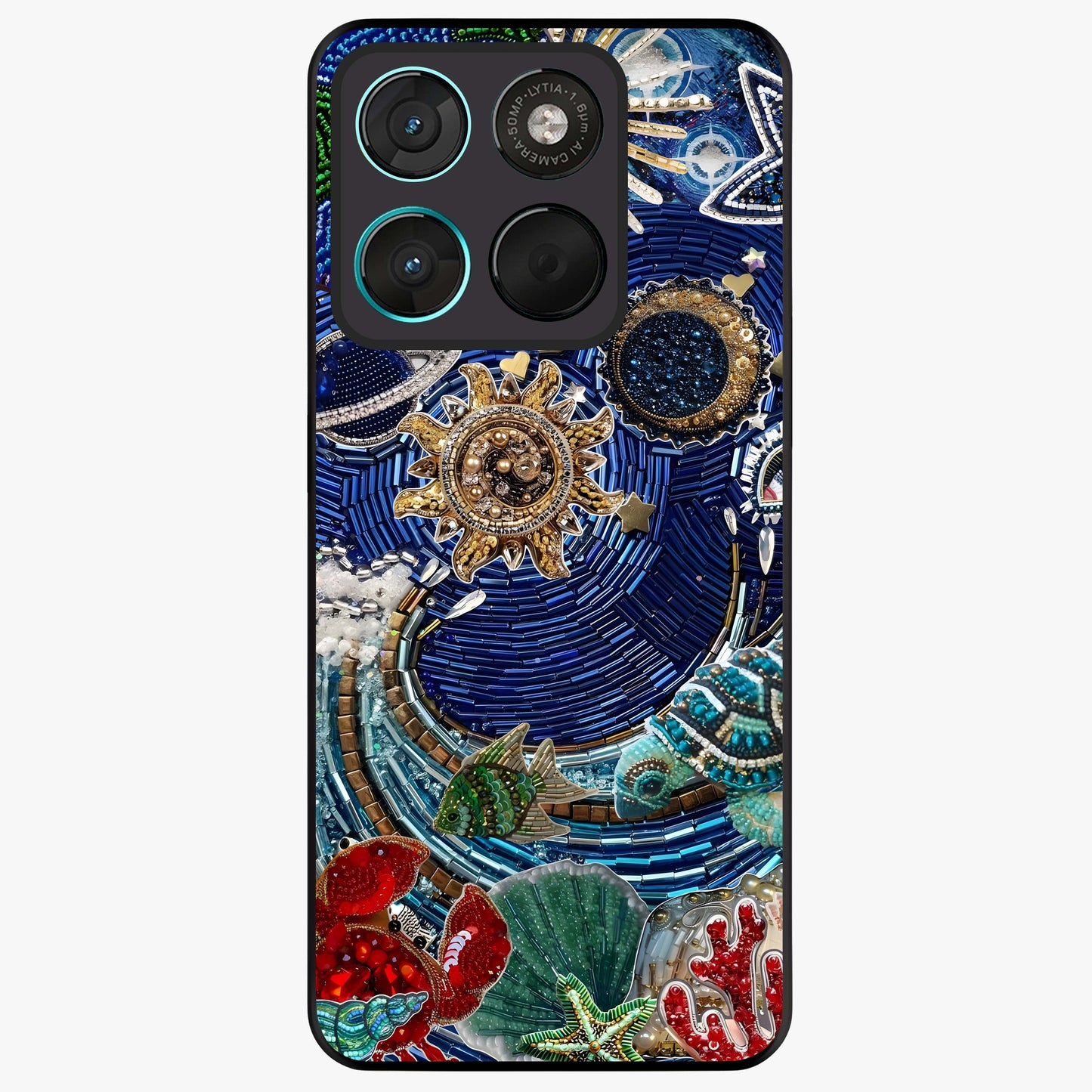 Universe Underwater Spark Glass Case showing flat back view with cosmic underwater themed artwork and glossy glass finish.